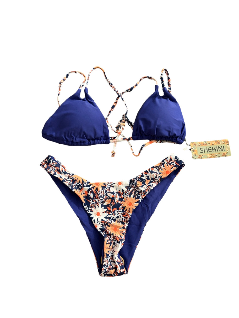 SHEKINI Reversible Blue Floral Triangle Bikini Set Size Medium NWT